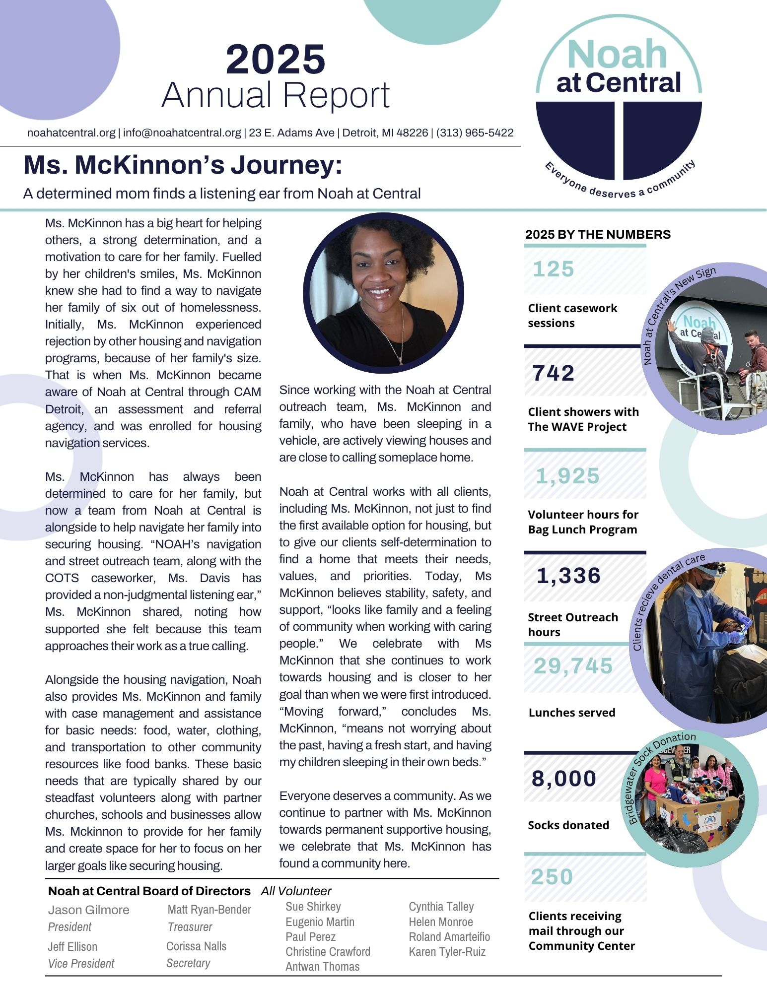 A picture of the front page of the Noah at Central Annual Report for 2025 featuring a client story and statistics for our year.